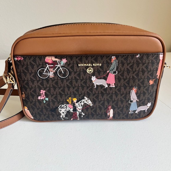 Michael Kors Crossbody Bag Brown MK Logo Whimsical People Horse Dog Medium NWOT - Picture 1 of 13